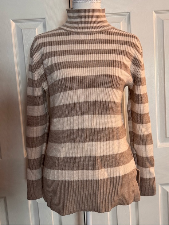 Industry Republic Clothing Sweaters - Striped Knit Cowl Neck Sweater in Cream and Taupe